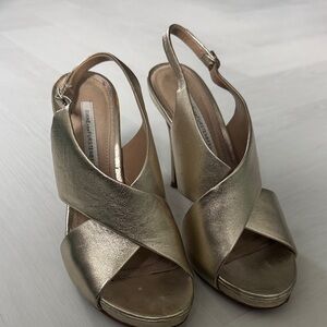 Diane von Furstenberg Leather Gold Slingback Heels Size 7